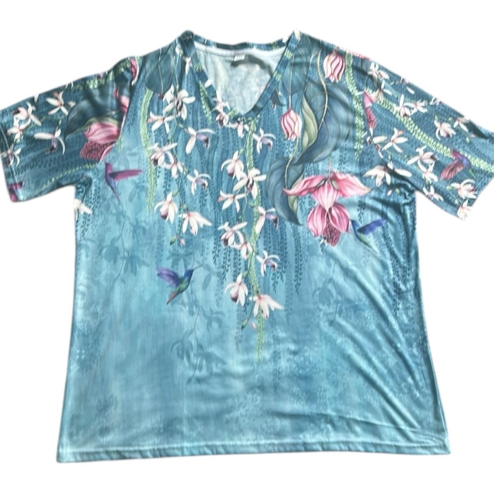 Hummingbird Floral Graphic Print V-Neck T-Shirt Short Sleeve Blue Pink White 2XL - Picture 7 of 12